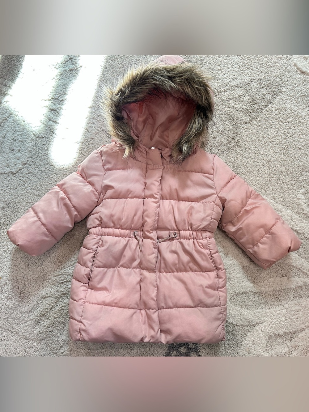 Gap Pink Puffer Jacket with Faux Fur Hood Size 12-18 Months